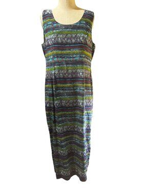 Vintage Y2K Silk Boho Midi Dress Geometric Print Sleeveless Size 14